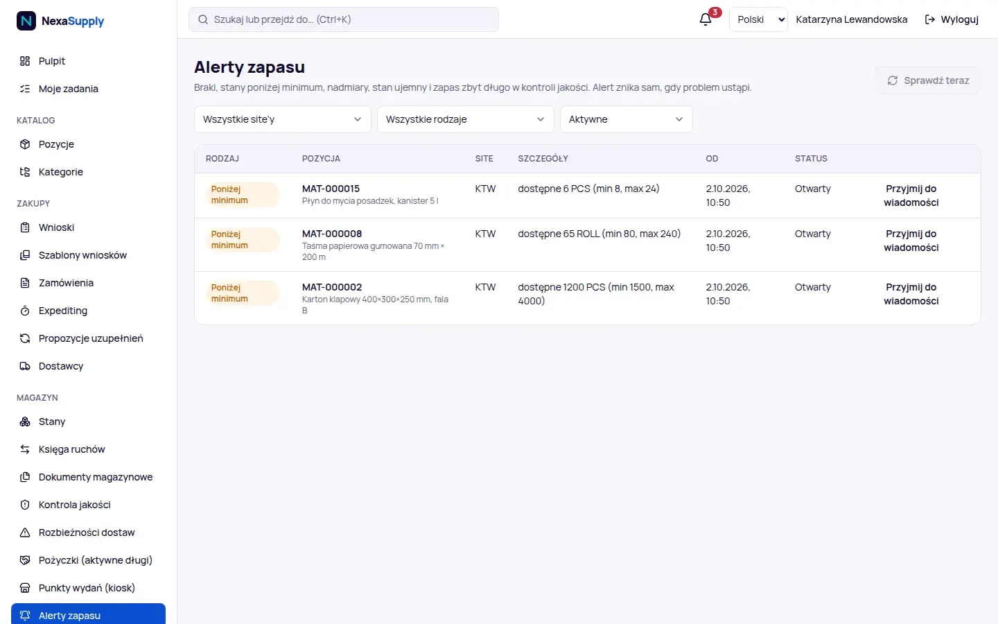 Alerty zapasu: pozycje poniżej minimum w site KTW z dostępną ilością i statusem