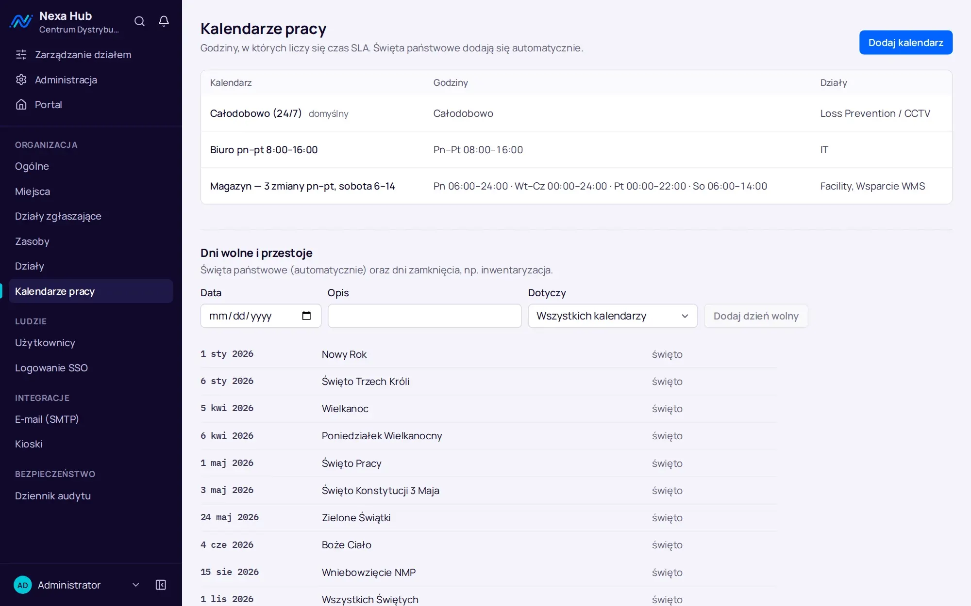 Kalendarze pracy: trzy zmiany magazynu i polskie święta dodane automatycznie