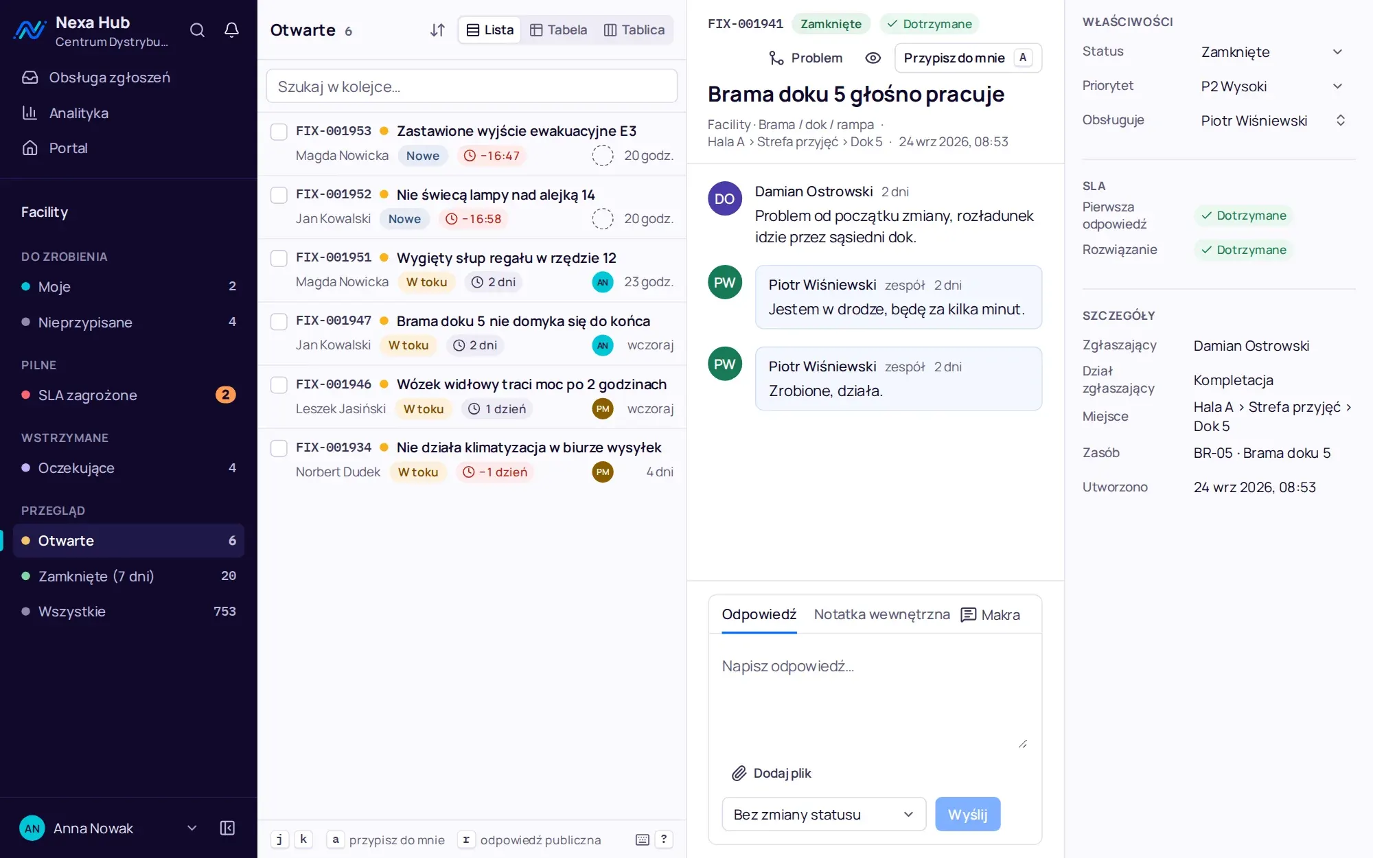 Desk działu Facility: kolejki z licznikami, lista otwartych zgłoszeń i szczegóły zgłoszenia