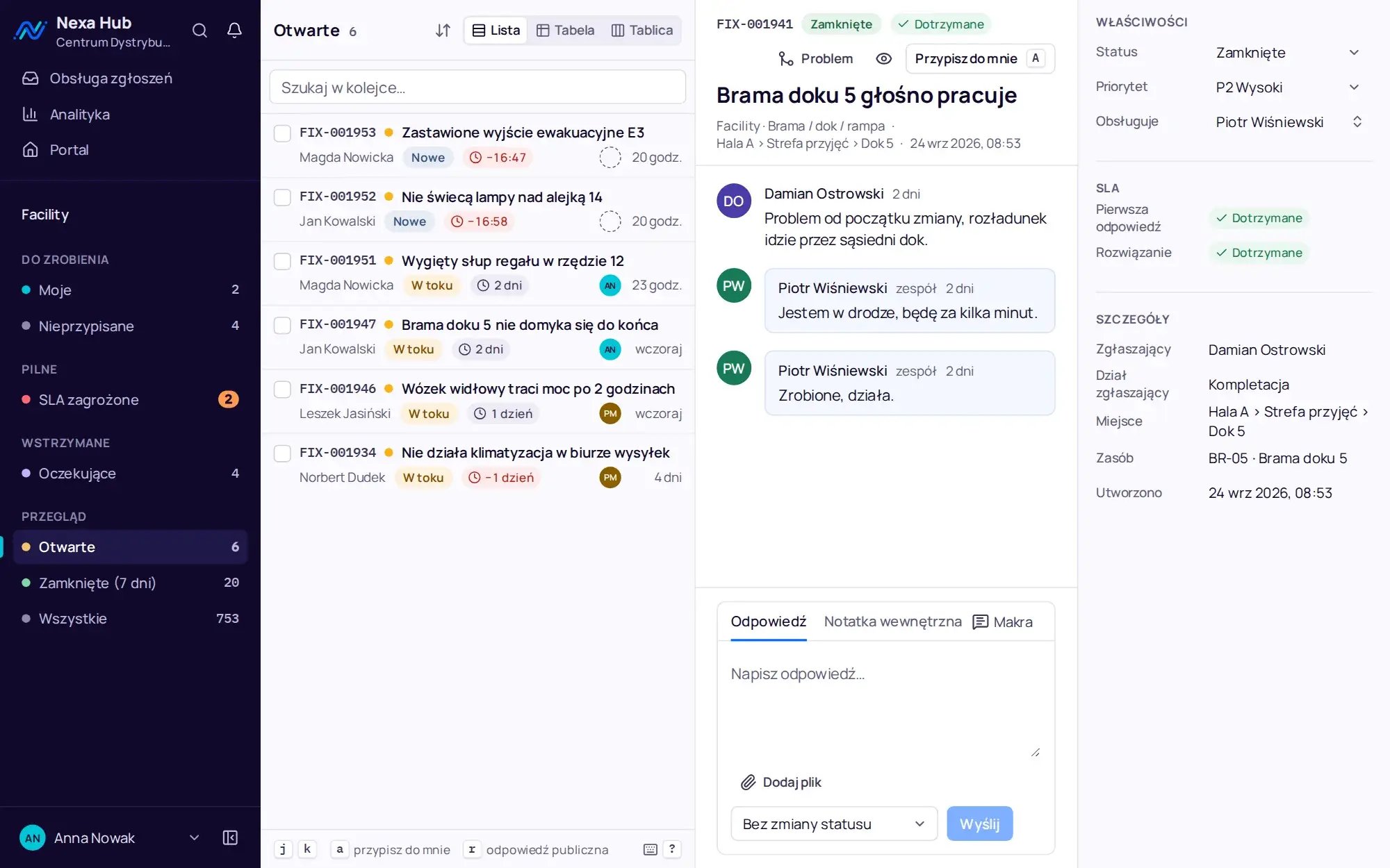 Zrzut ekranu Nexa Hub. Desk działu Facility: kolejki z licznikami, lista otwartych zgłoszeń i szczegóły zgłoszenia