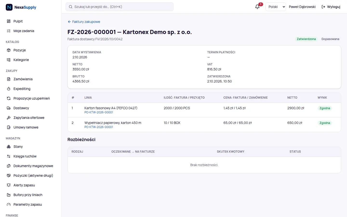 Faktura zakupowa dopasowana do zamówienia i przyjęcia: ilość i cena z faktury wobec zamówienia, wynik zgodny