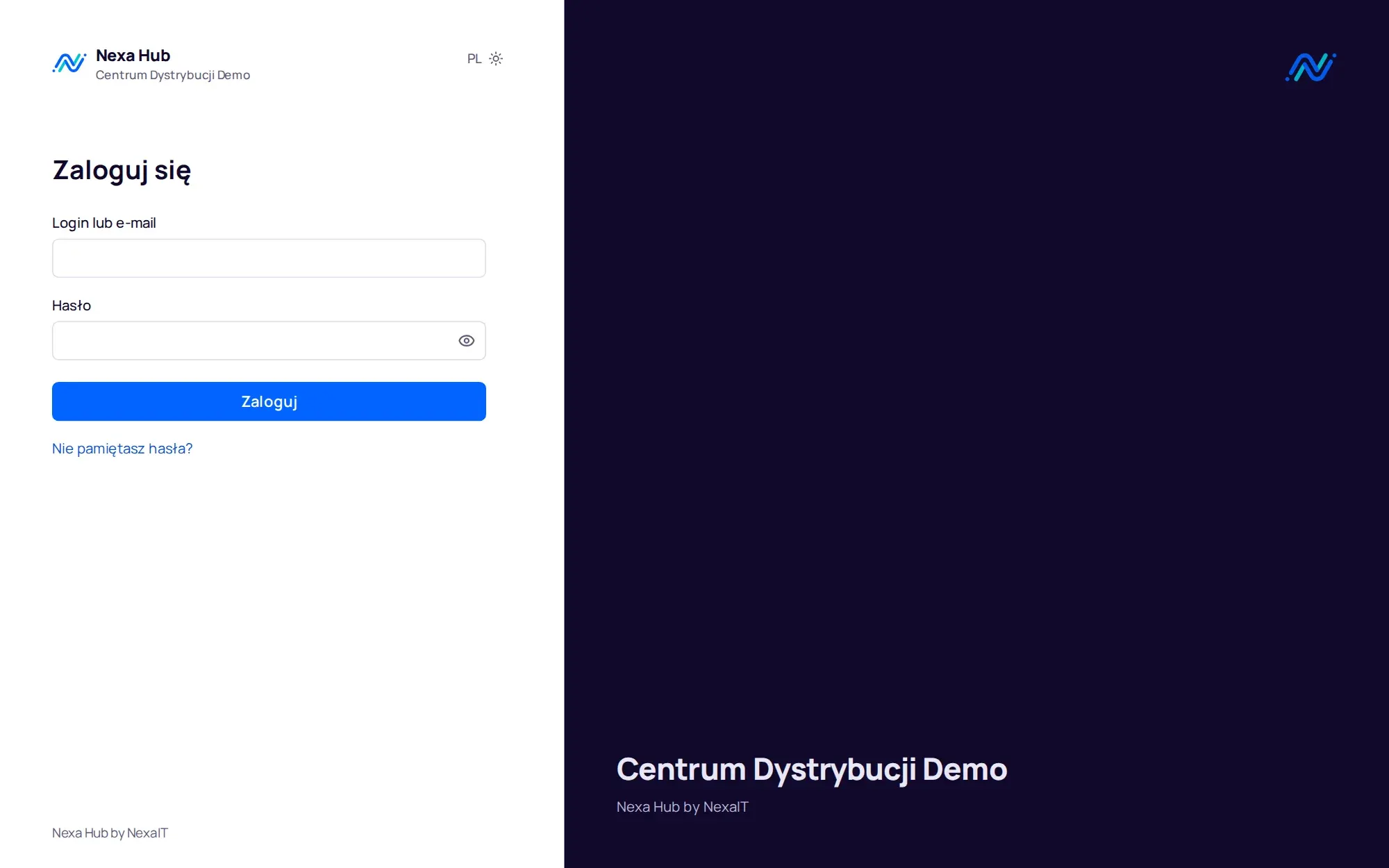 Ekran logowania Nexa Hub