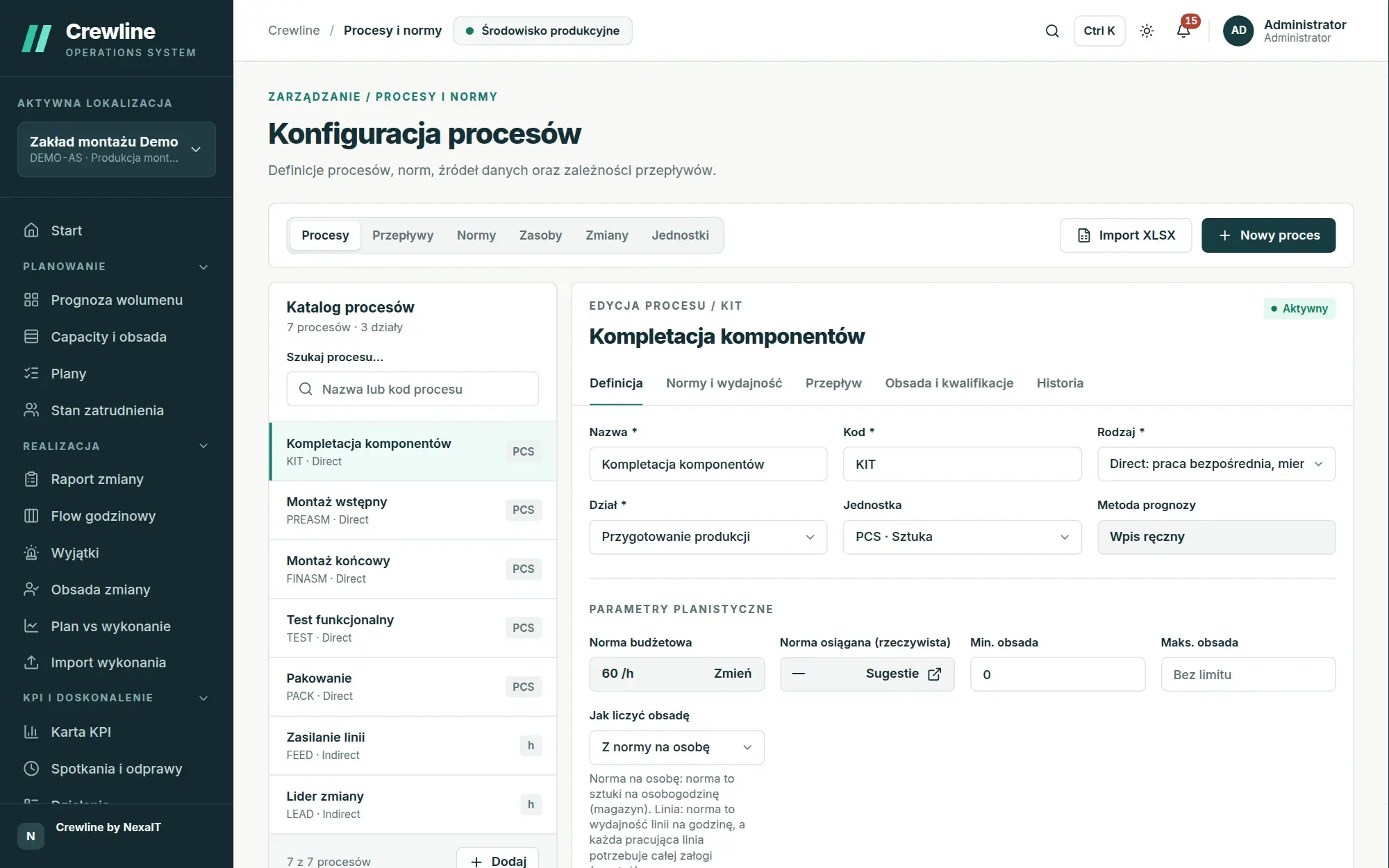 Procesy zakładu montażu: kompletacja komponentów, montaż wstępny i końcowy, test funkcjonalny, pakowanie i zasilanie linii