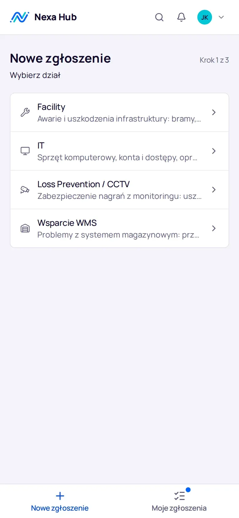 Portal zgłoszeń na telefonie: wybór działu