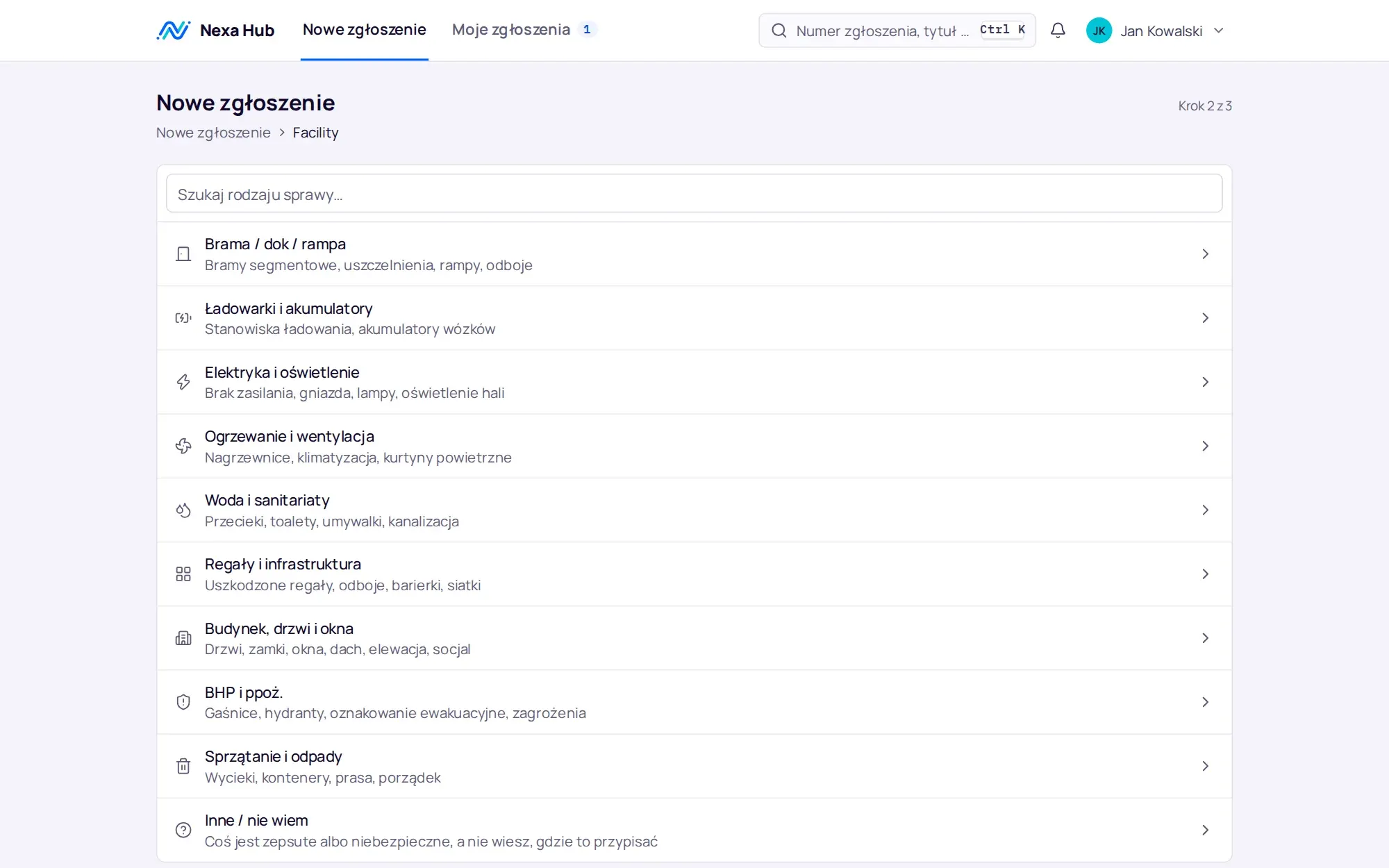 Portal pracownika: rodzaje spraw działu Facility z opisami