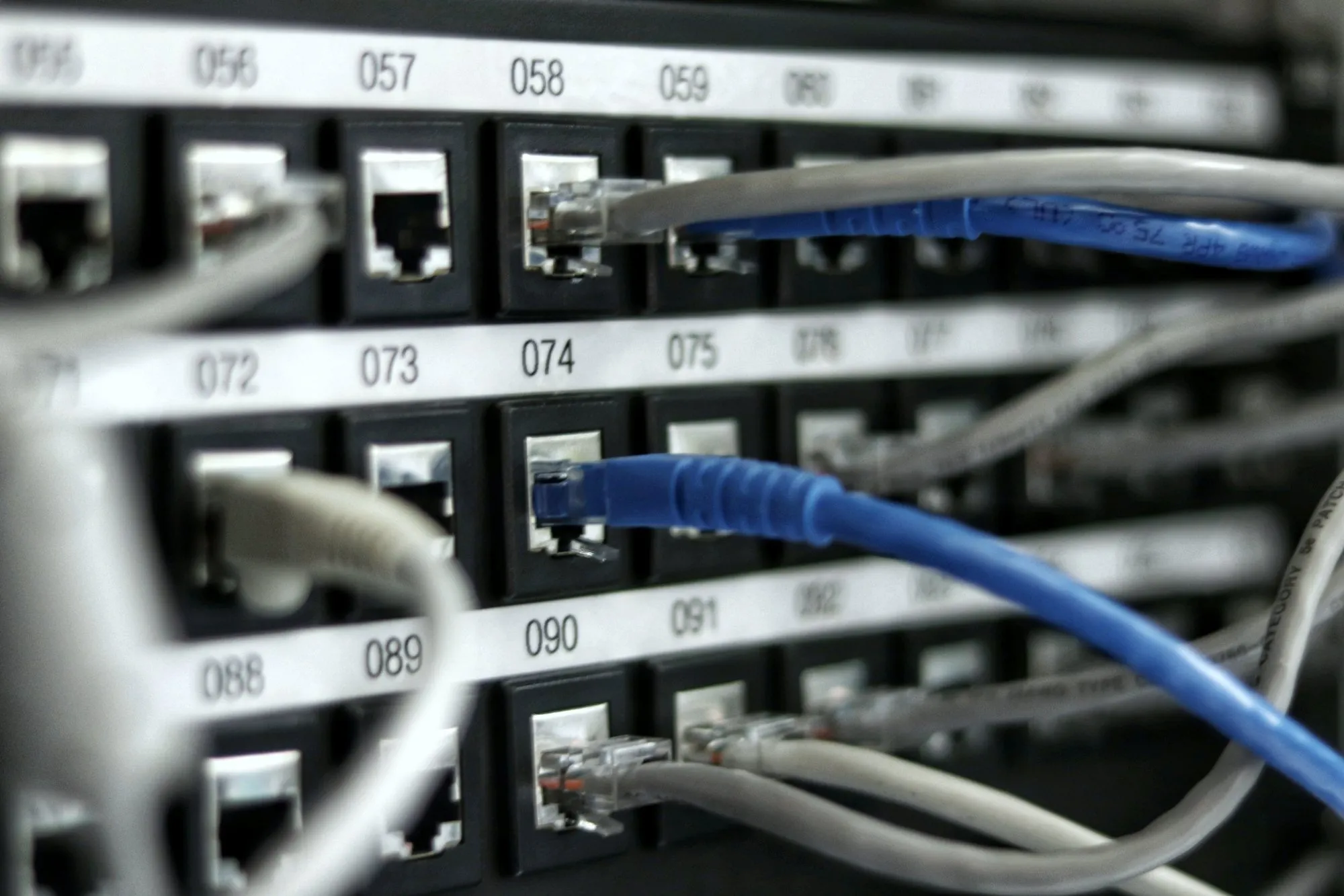 A patch panel with numbered ports