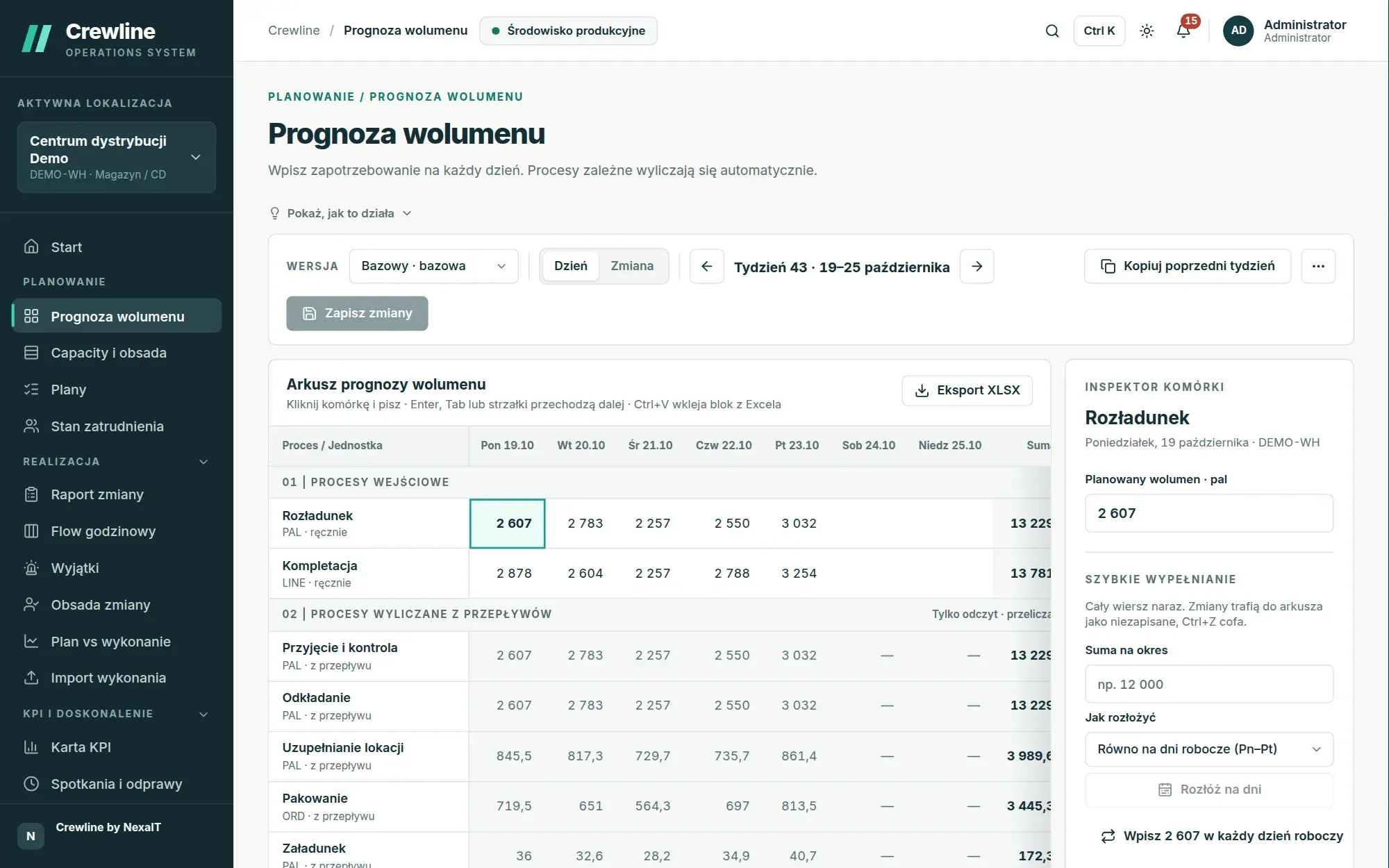 Prognoza wolumenu w arkuszu: procesy wejściowe wpisywane ręcznie, procesy wyliczane z przepływów i inspektor komórki z szybkim wypełnianiem