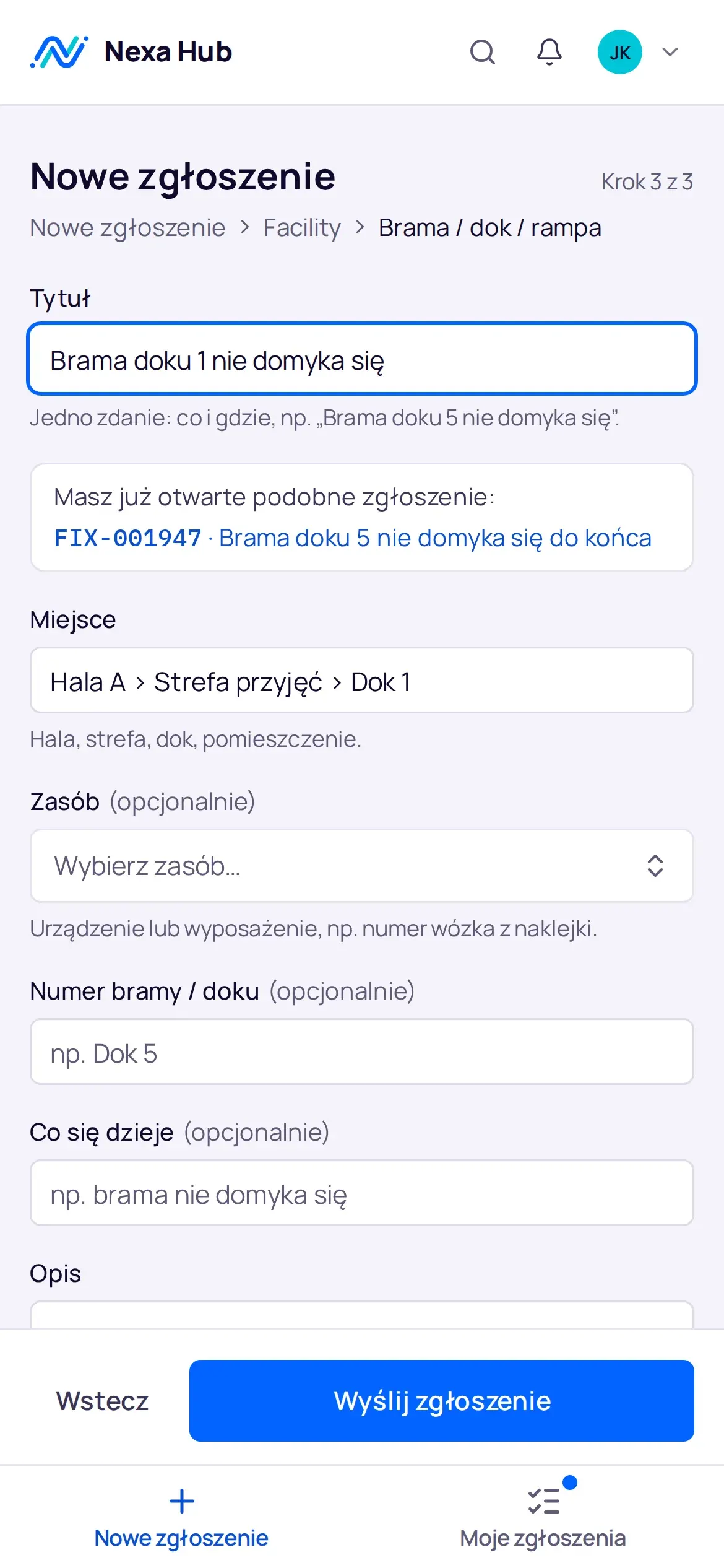 Formularz otwarty z kodu QR na telefonie: miejsce wypełnione, podpowiedź o podobnym otwartym zgłoszeniu