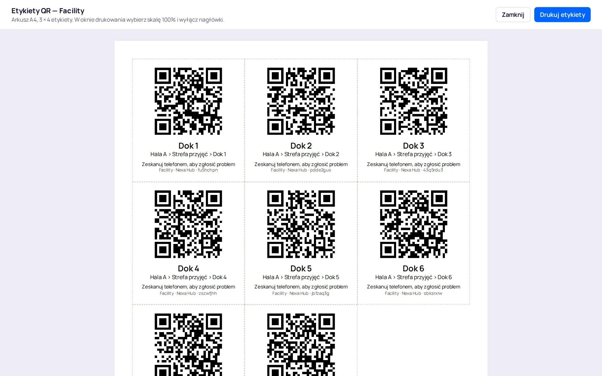 Arkusz etykiet QR do druku na A4 dla doków i ładowarek