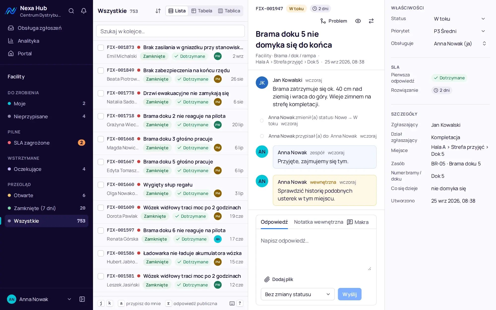 Nexa Hub: zgłoszenie w desku działu Facility z panelem SLA i szczegółami miejsca