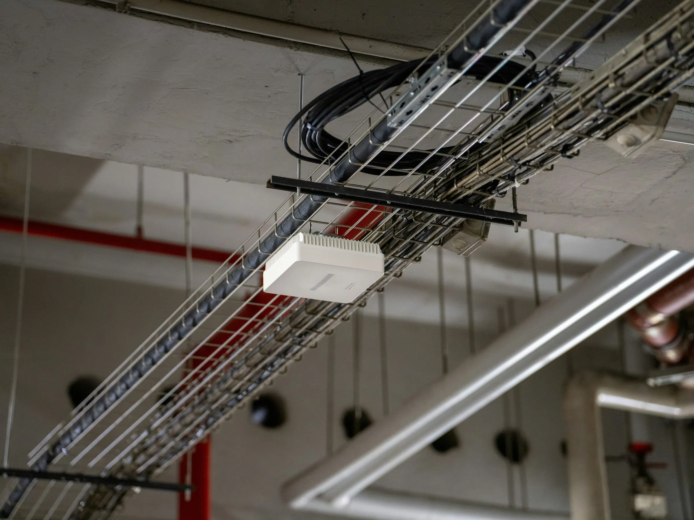 A Wi-Fi access point mounted on a cable tray under the ceiling