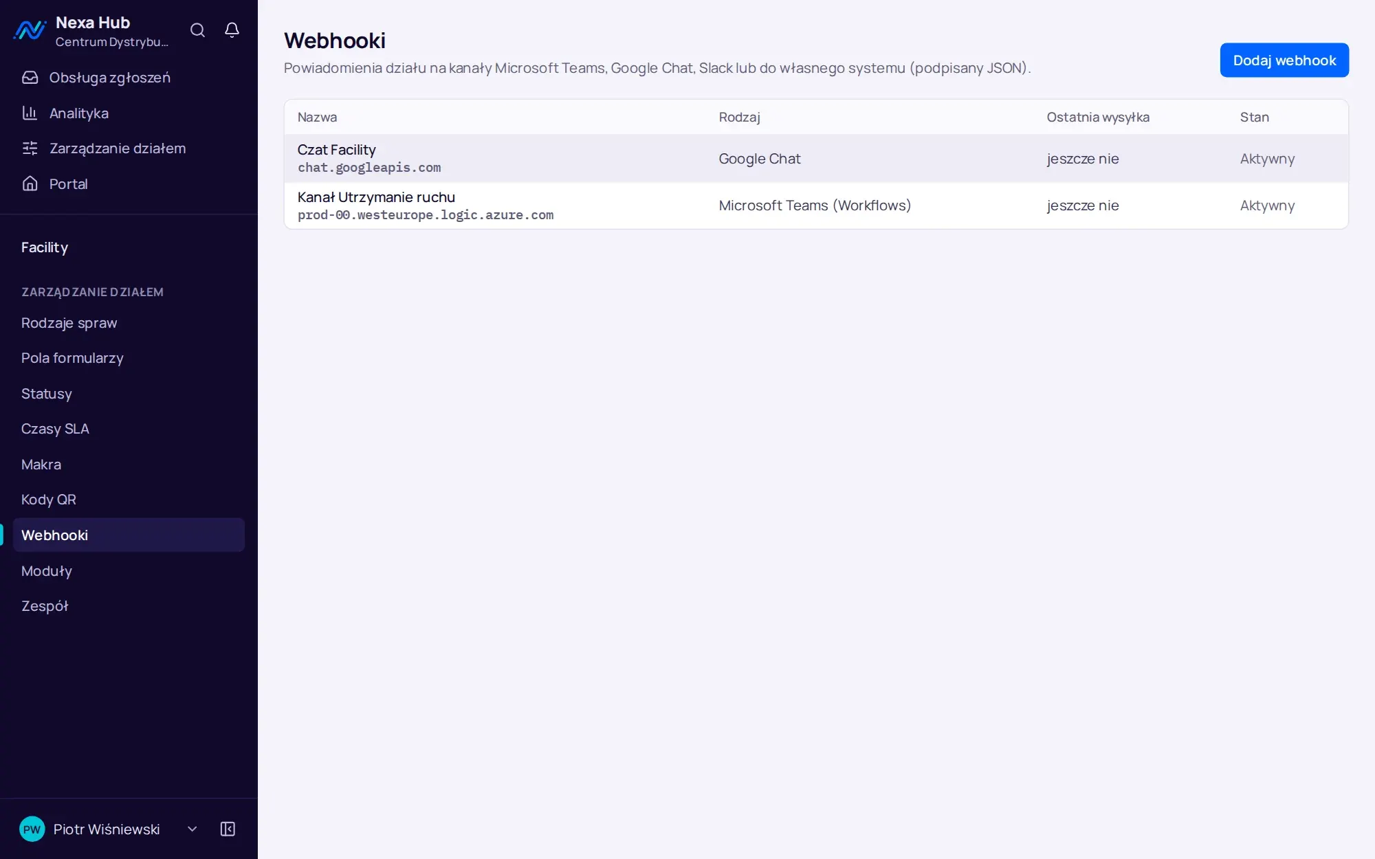 Webhooki działu Facility do Google Chat i Microsoft Teams ze stanem ostatniej wysyłki