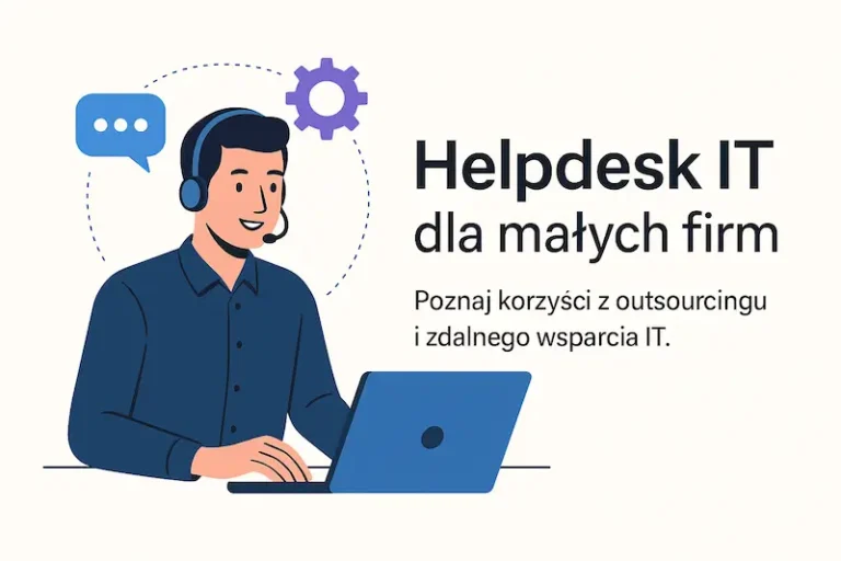 Specjalista IT udziela zdalnego wsparcia klientowi przez laptop – ilustracja promująca outsourcing i helpdesk IT dla małych firm.