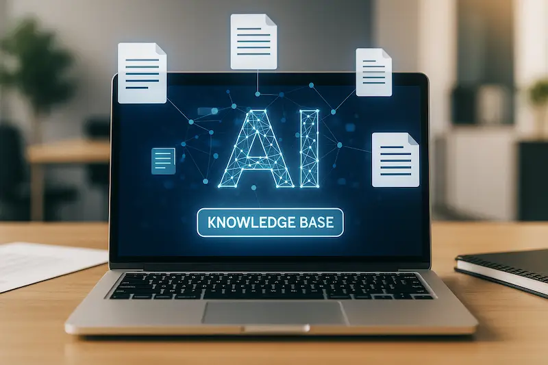 Laptop i unoszące się dokumenty połączone siecią AI w małym biurze, symbolizujące bazę wiedzy wspieraną przez sztuczną inteligencję.