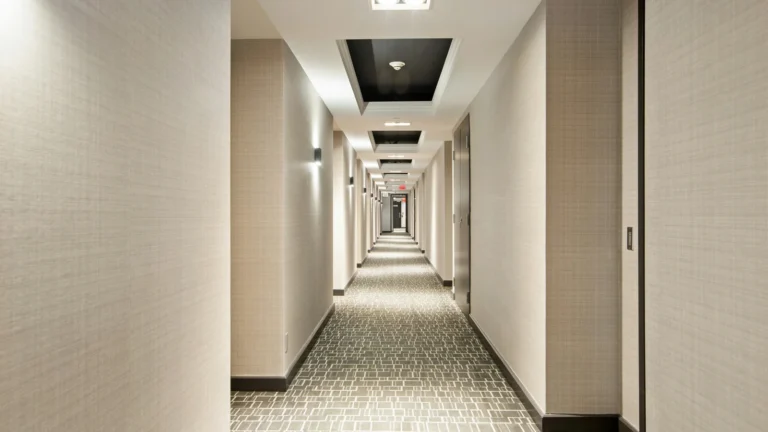Pusty korytarz hotelowy z rzędem drzwi do pokoi i wykładziną